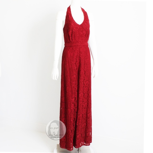 Halter Jumpsuit Wide Leg Pants Red Lace with Belt by Pamella Roland Size 8 - Picture 3 of 10